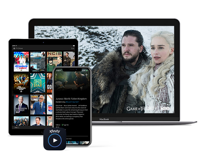 laptop, tablet, and phone showing different show posters